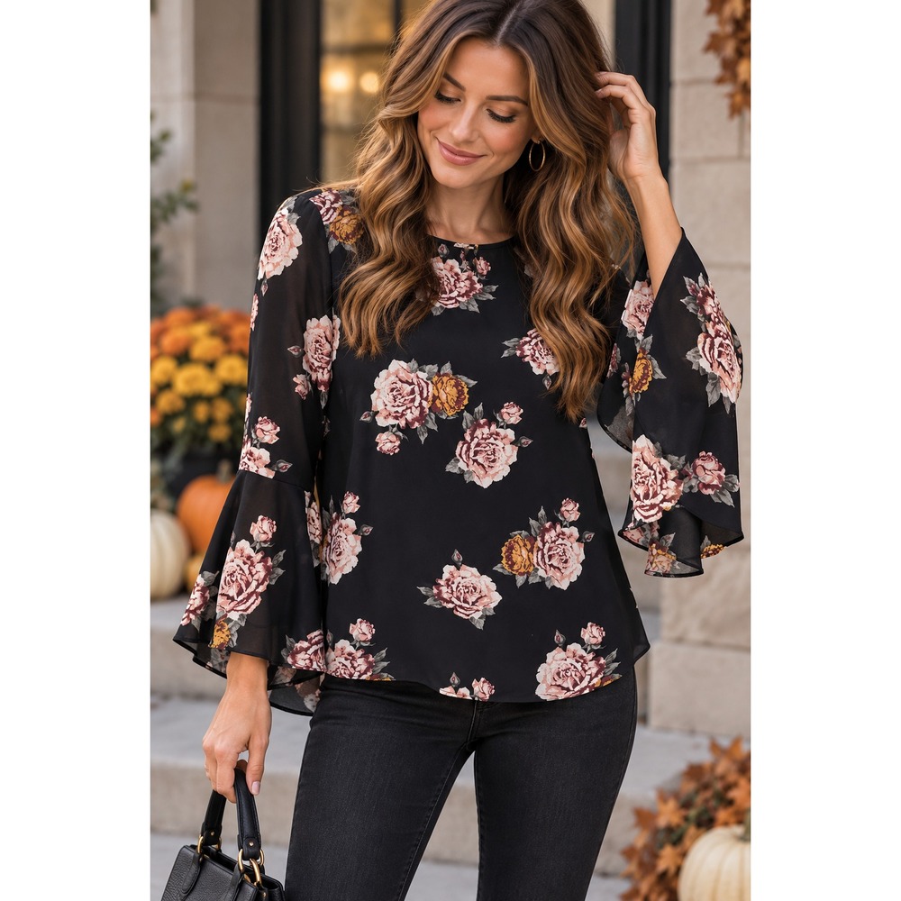 Black Floral Blouse L Rose Bell Sleeve Romantic Whimsigoth Boho Sheer Fall Top